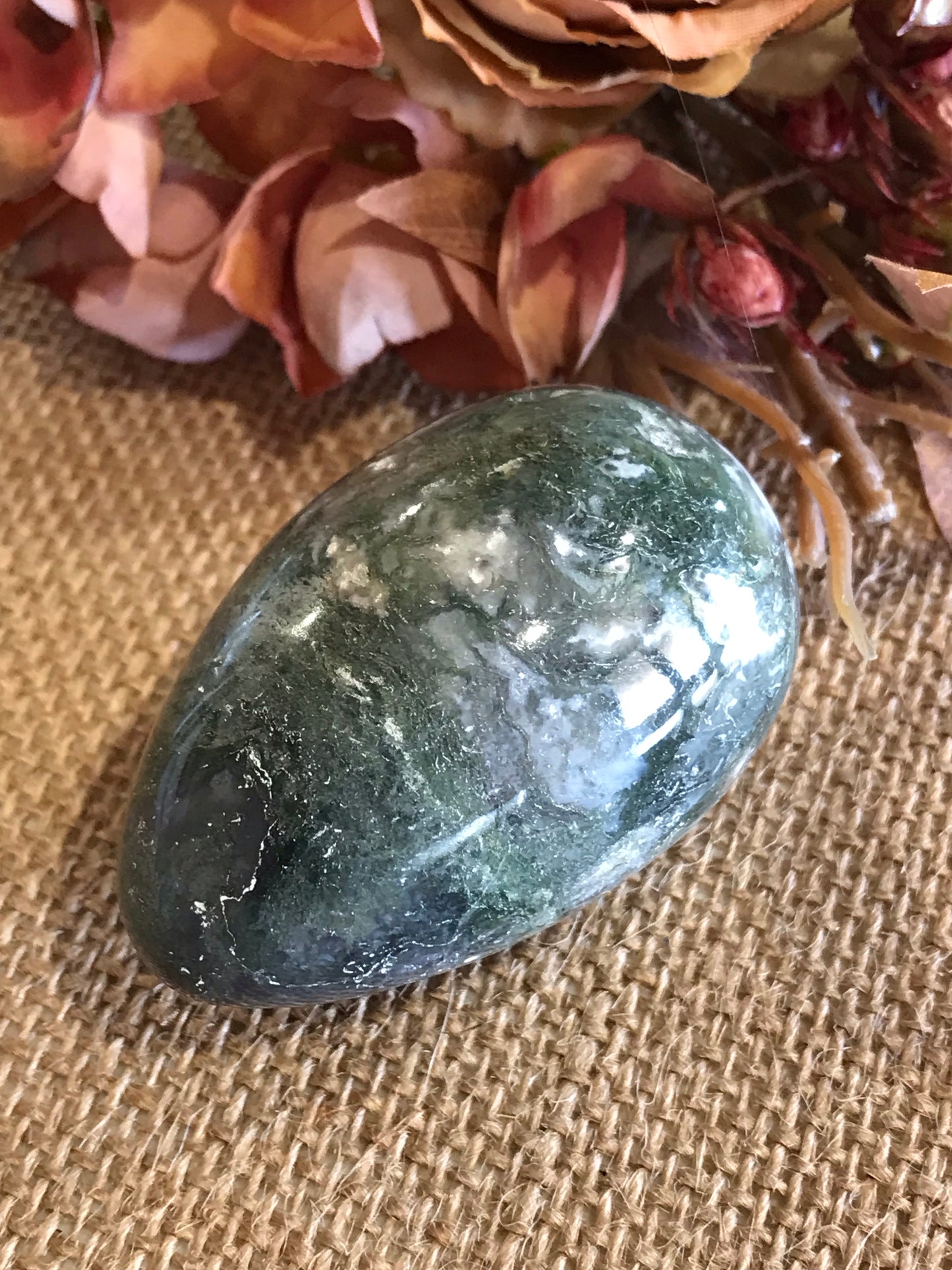 Moss Agate Egg Includes Hematite Ring
