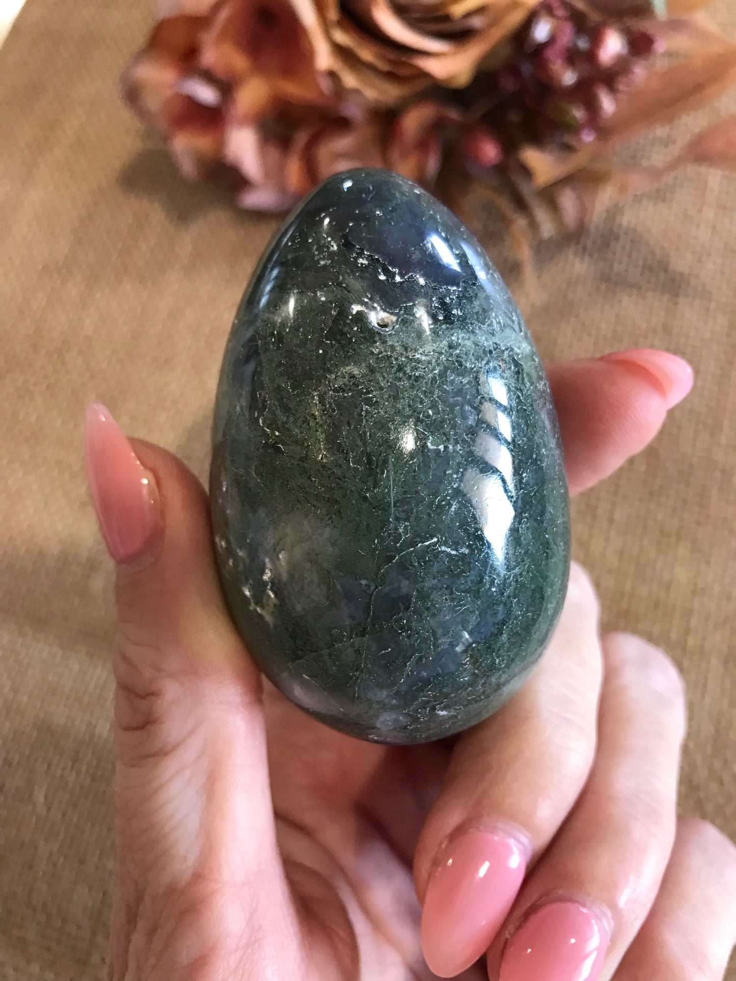 Moss Agate Egg Includes Hematite Ring