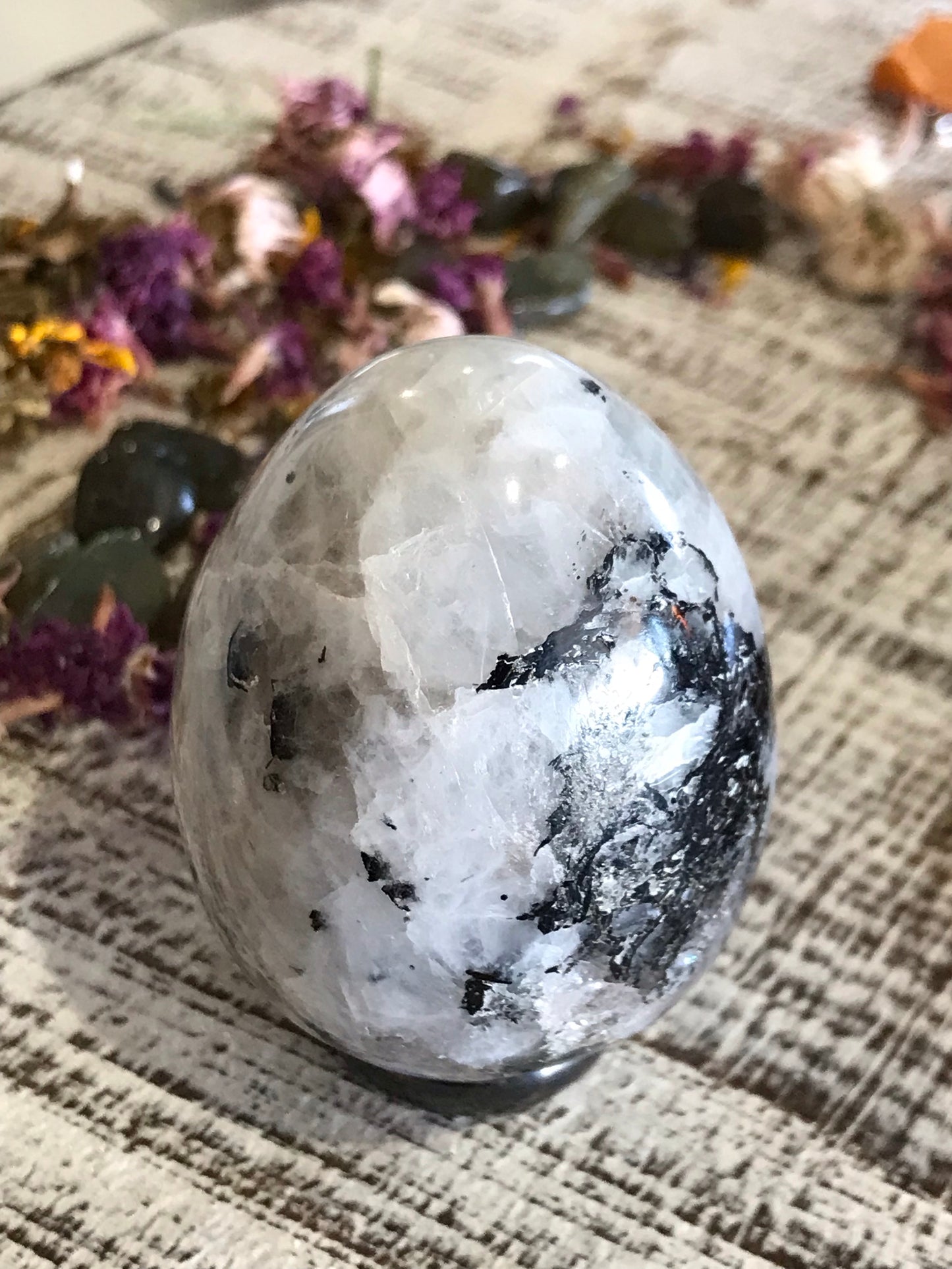 Rainbow Moonstone Egg Includes Hematite Ring
