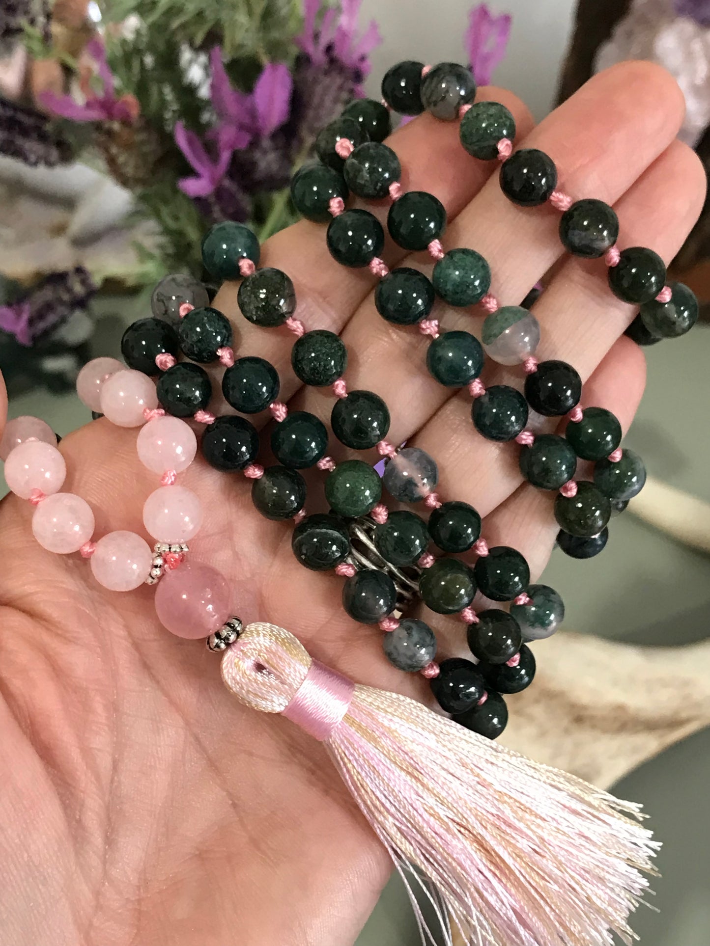 Moss Agate & Rose Quartz Mala/Prayer Beads ~ Nature Faery